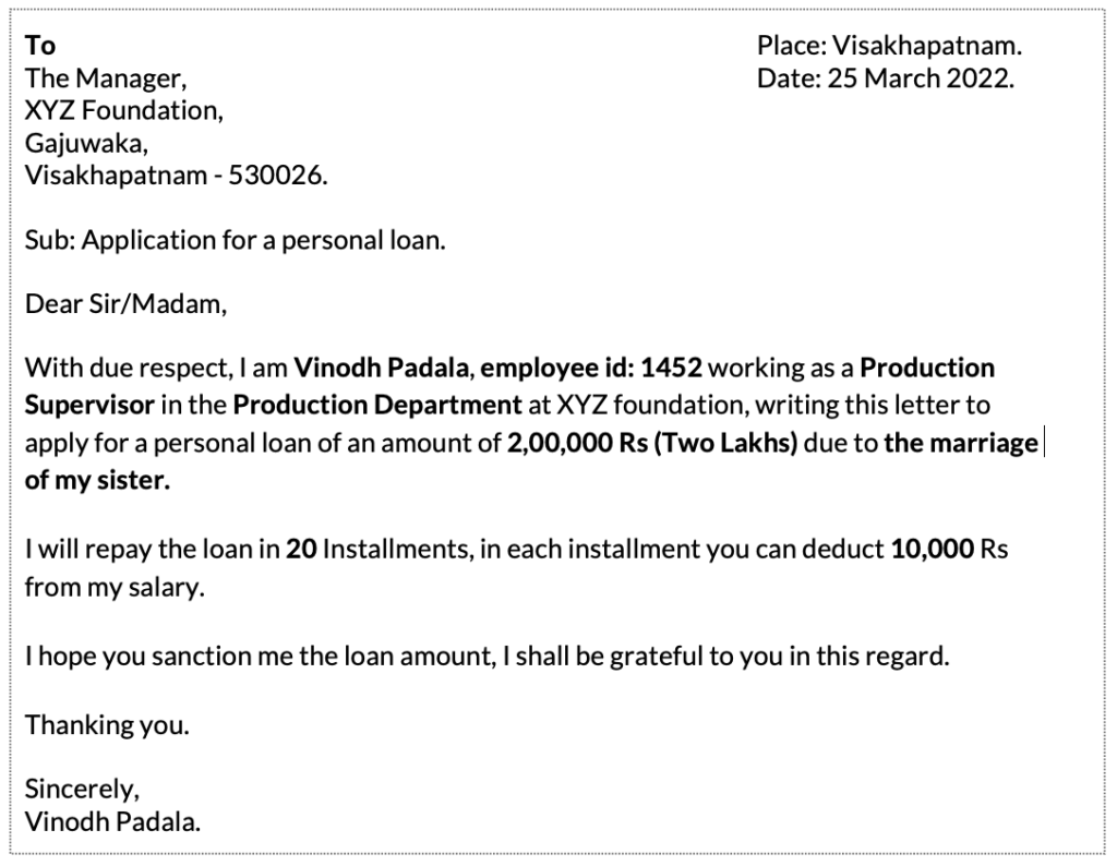 Personal loan request letter to boss