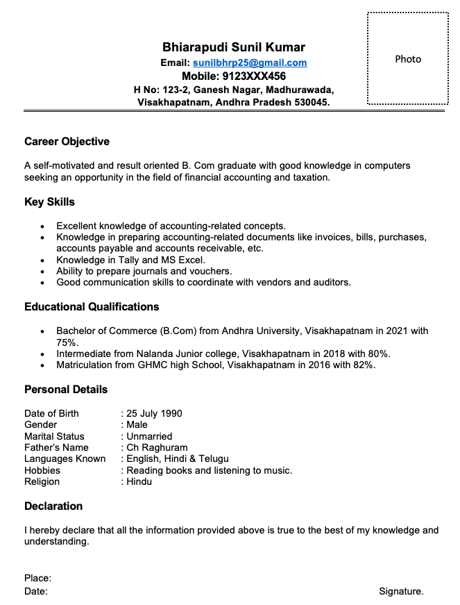Resume for B.Com studens with no experience in Word