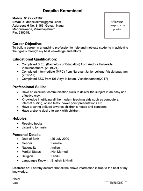 Sample Resumes for First Time Teachers without Experience in India