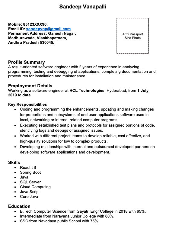 Sample Resumes for Software engineers with 2 Years Experience in India