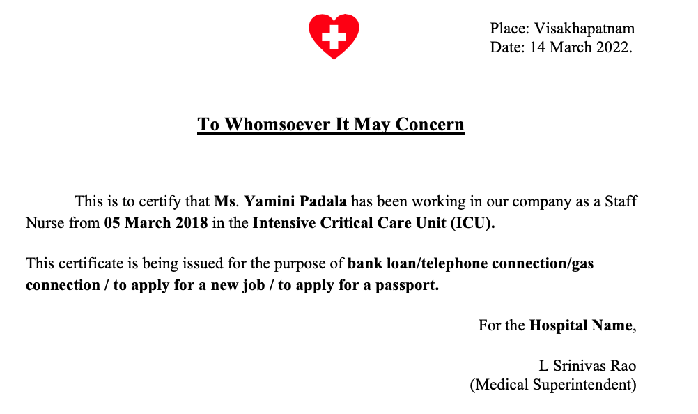 Still working experience certificate format for nurses in Word