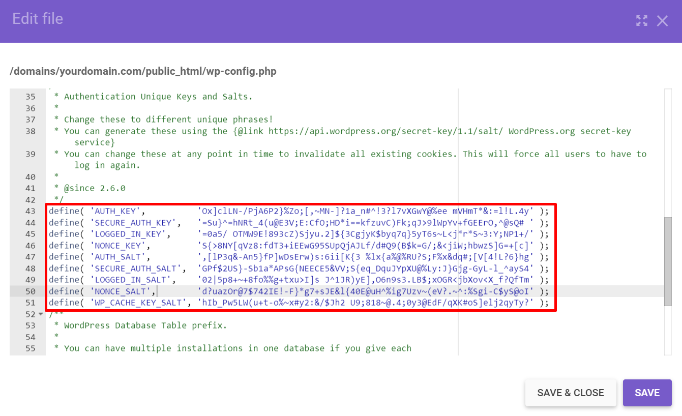 WP salts and secret keys example found in the wp-config.php file.