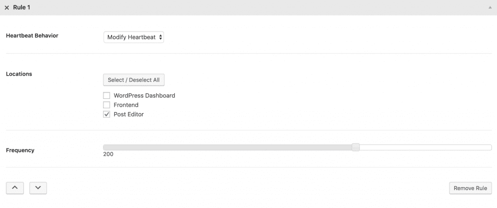 The WordPress Heartbeat Rule settings in the Heartbeat Control plugin