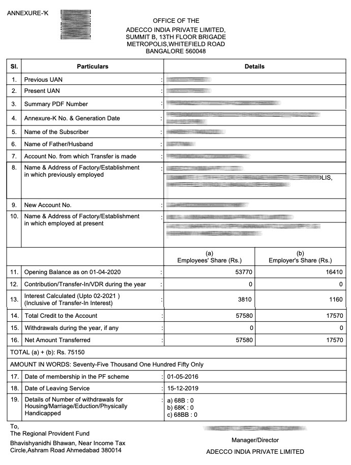 annexure k in pf,what is annexure k in pf