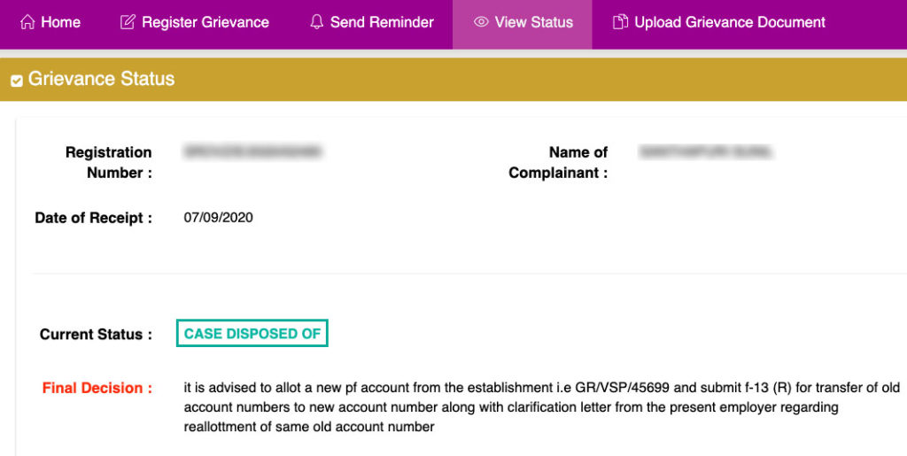 EPF grievance status case disposed of meaning