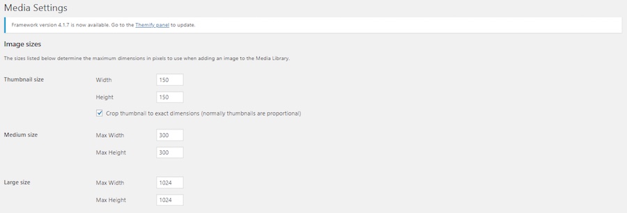 WordPress image sizes media settings