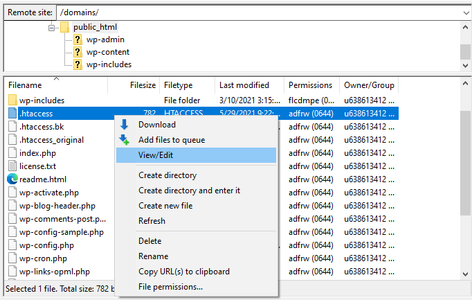 Selecting to View/Edit the .htaccess file on FileZilla.
