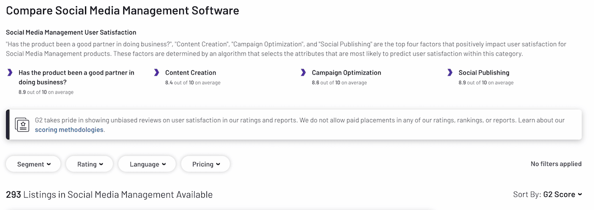 A screenshot showing social media platforms on G2