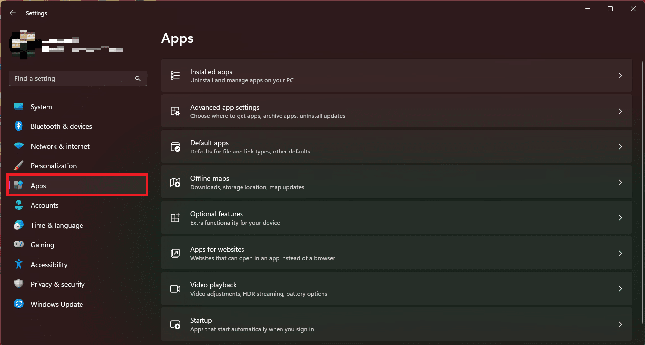 From the left-side panel go to Apps | how to change startup programs on Windows 11