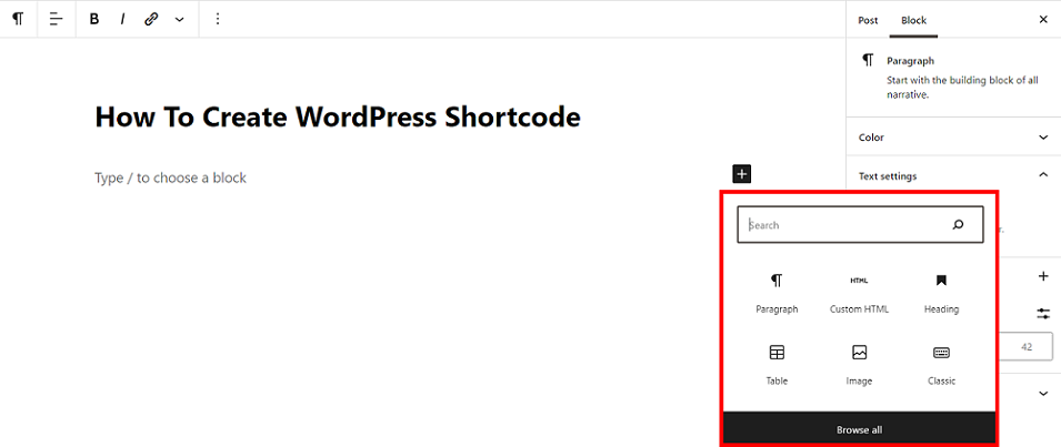 Different block options available on the Gutenberg editor for a WordPress post