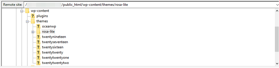 FileZilla interface, used to access the site’s theme files