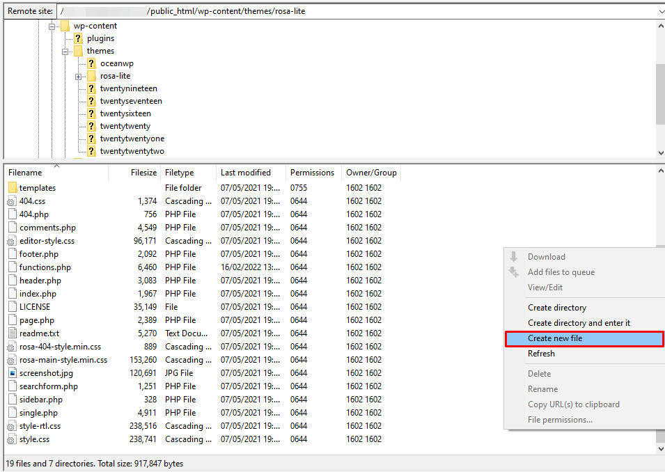 The create a new file option that appears after clicking right in the theme folder in FileZilla