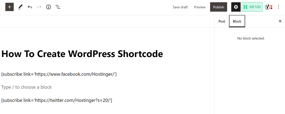 The shortcode for testing Twitter and Facebook links by using the Gutenberg Editor