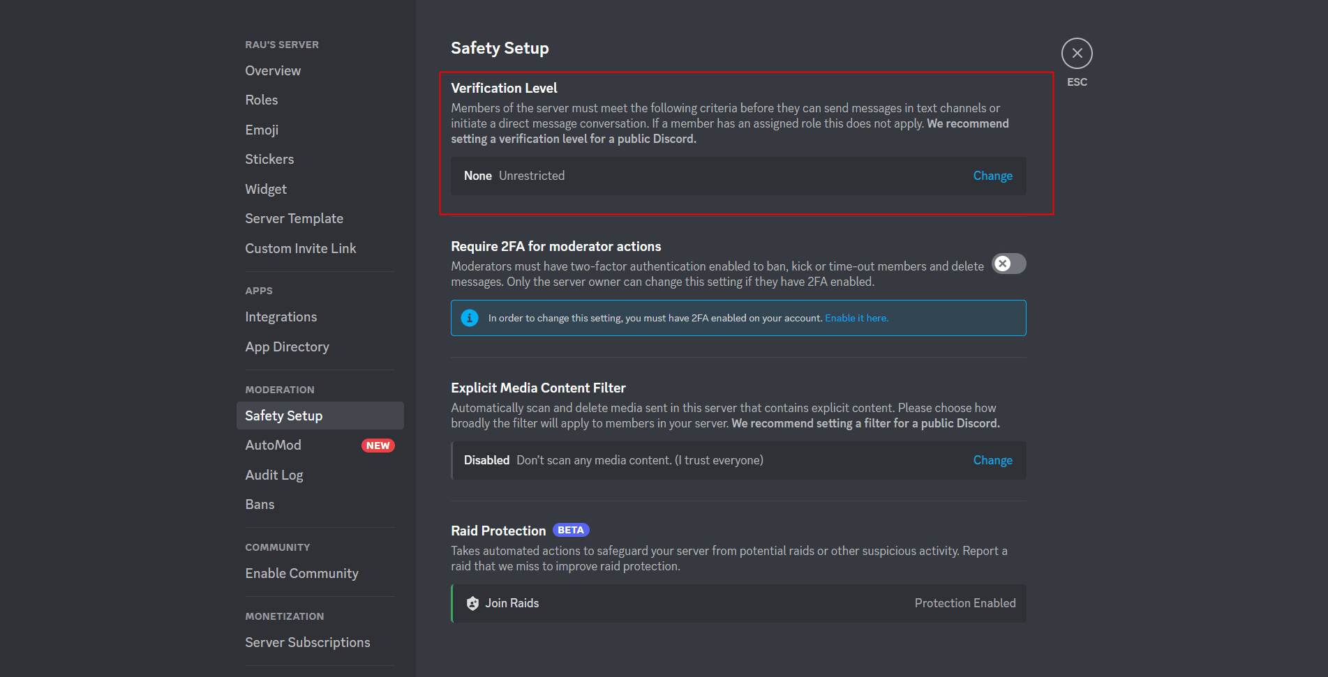 Verification level option. Fix Discord Channel Verification Too High