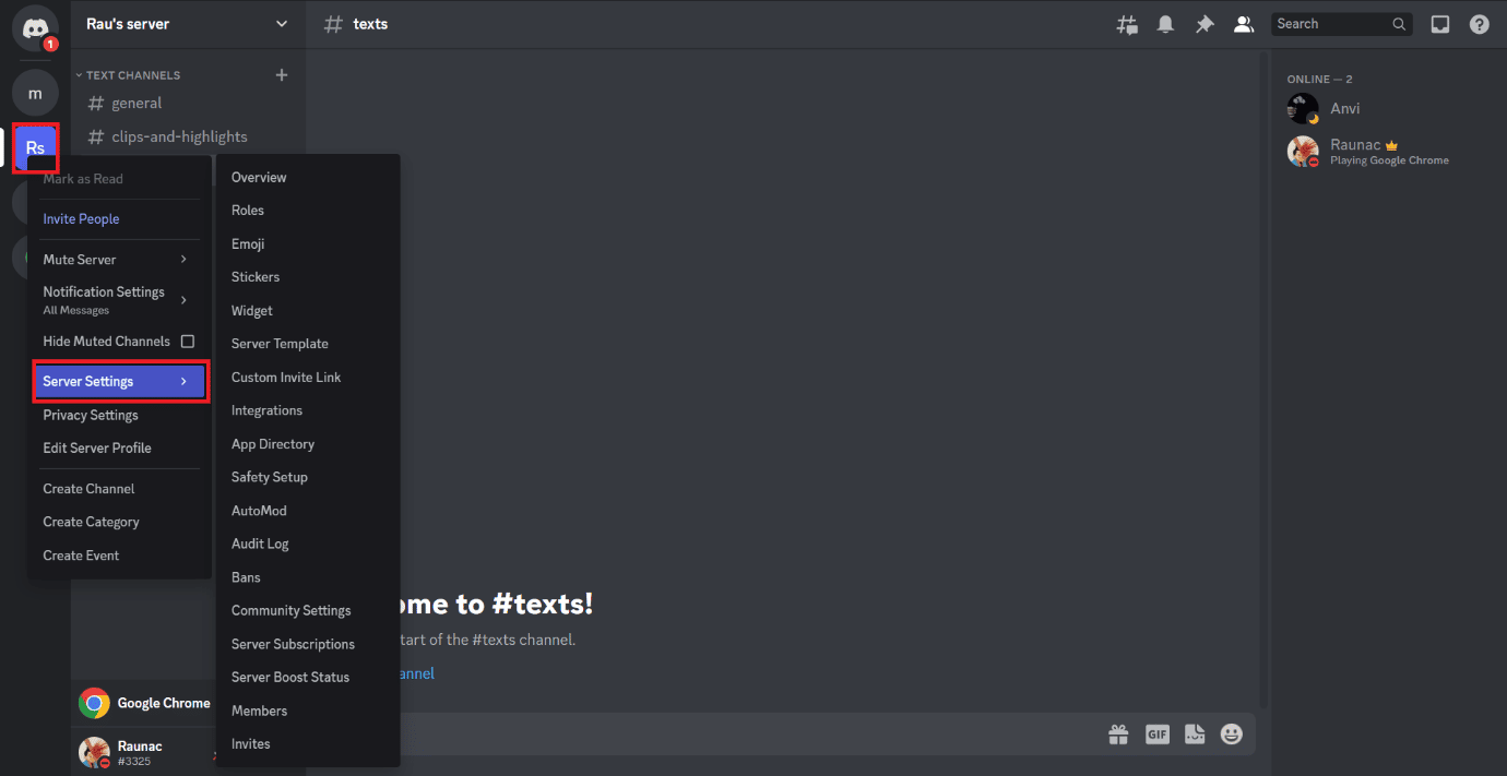 Server settings option on Discord