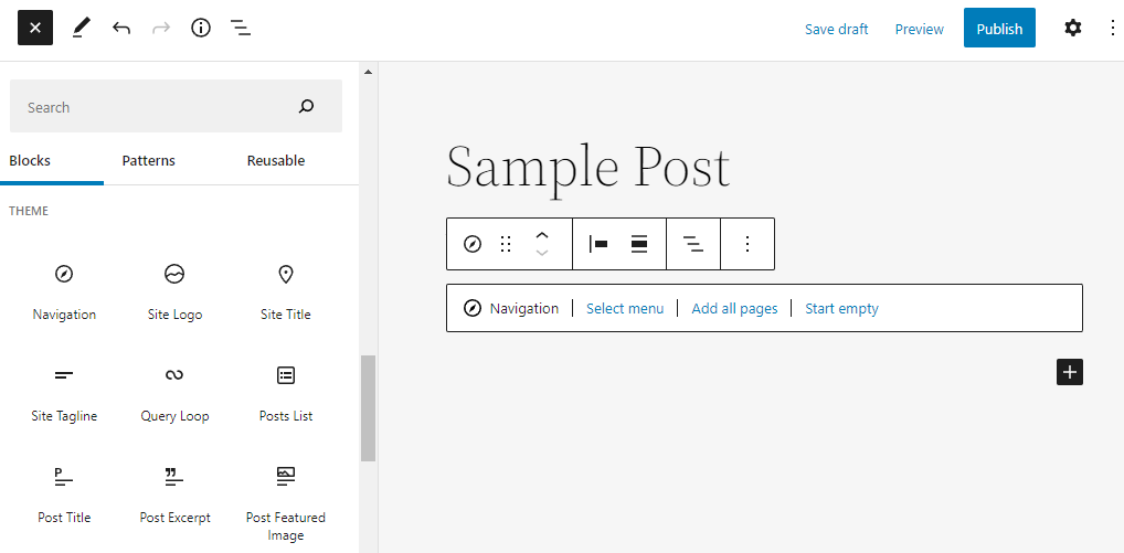 Navigation block in the block editor