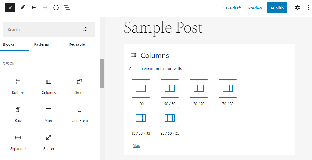 Columns block in the block editor