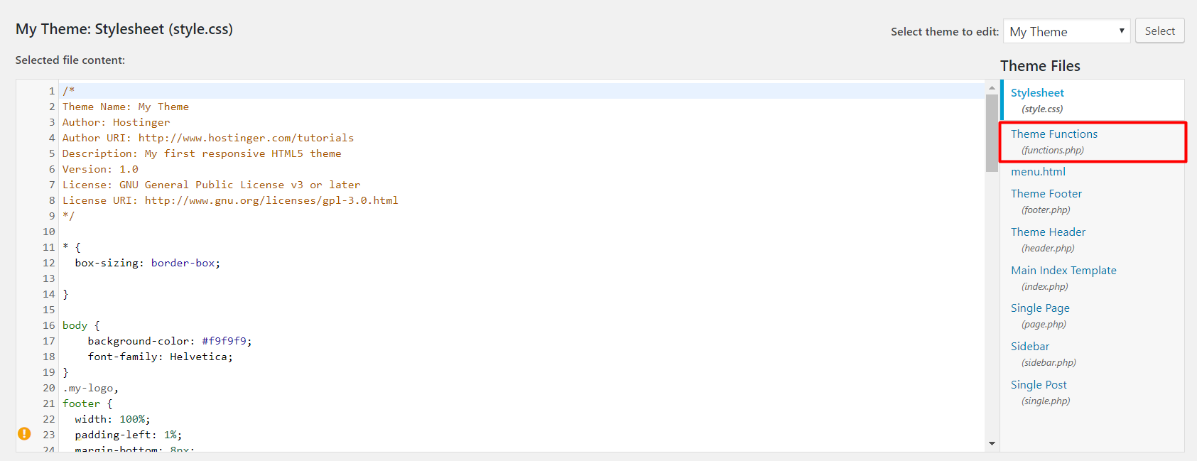 Theme functions in WordPress's theme editor