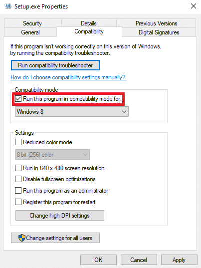 Check the box for Run this program in compatibility mode for