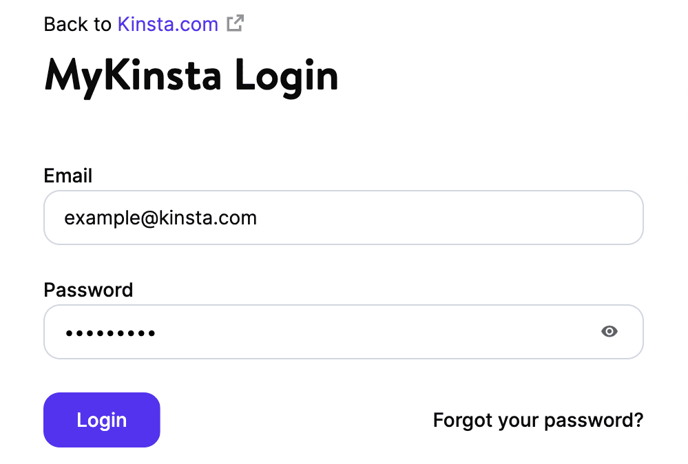 A login form for MyKinsta, showing
