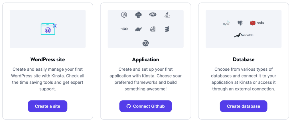 A portion of the MyKinsta dashboard, showing three rectangular tiles: