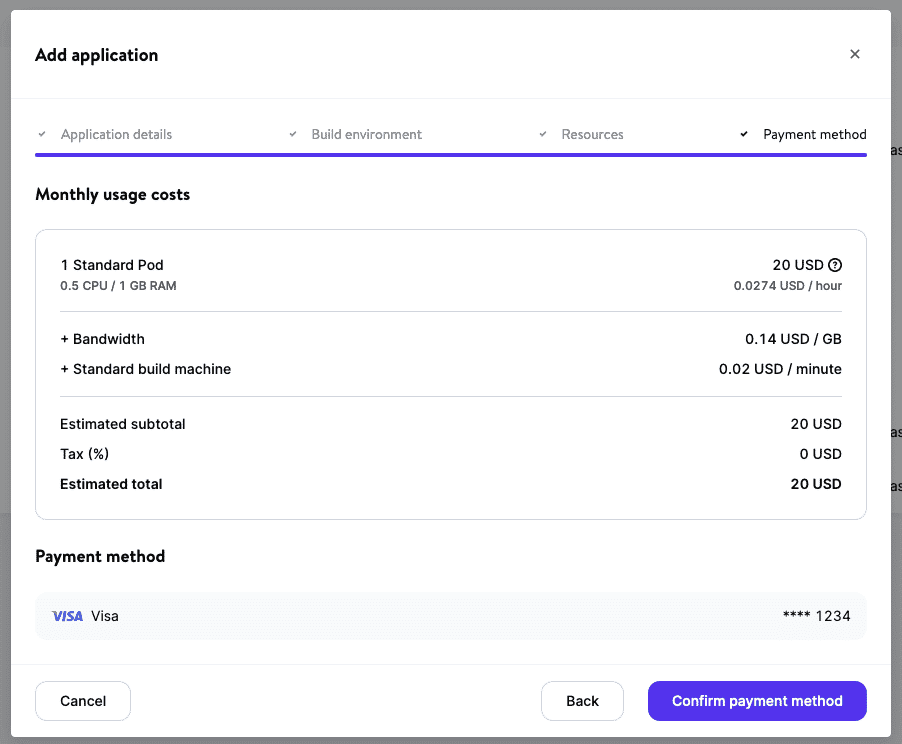 The payment details screen in MyKinsta, showing