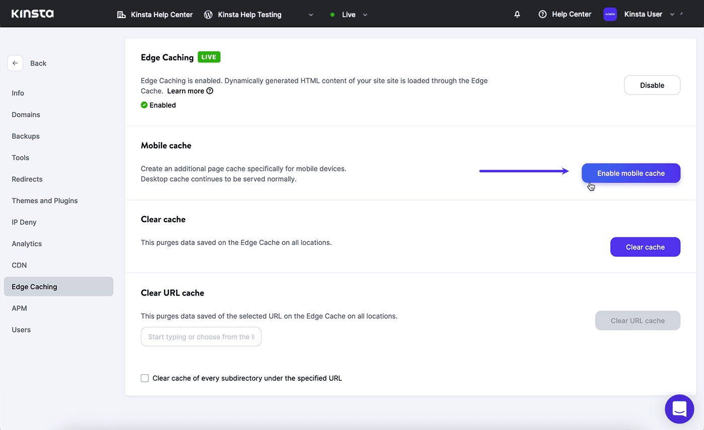 Screenshot: Enabling mobile cache in MyKinsta.