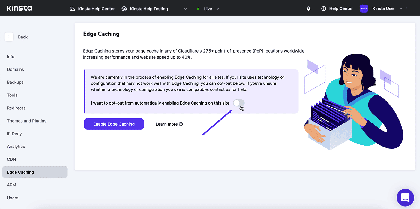 Screenshot: Opting out of Edge Caching in MyKinsta.