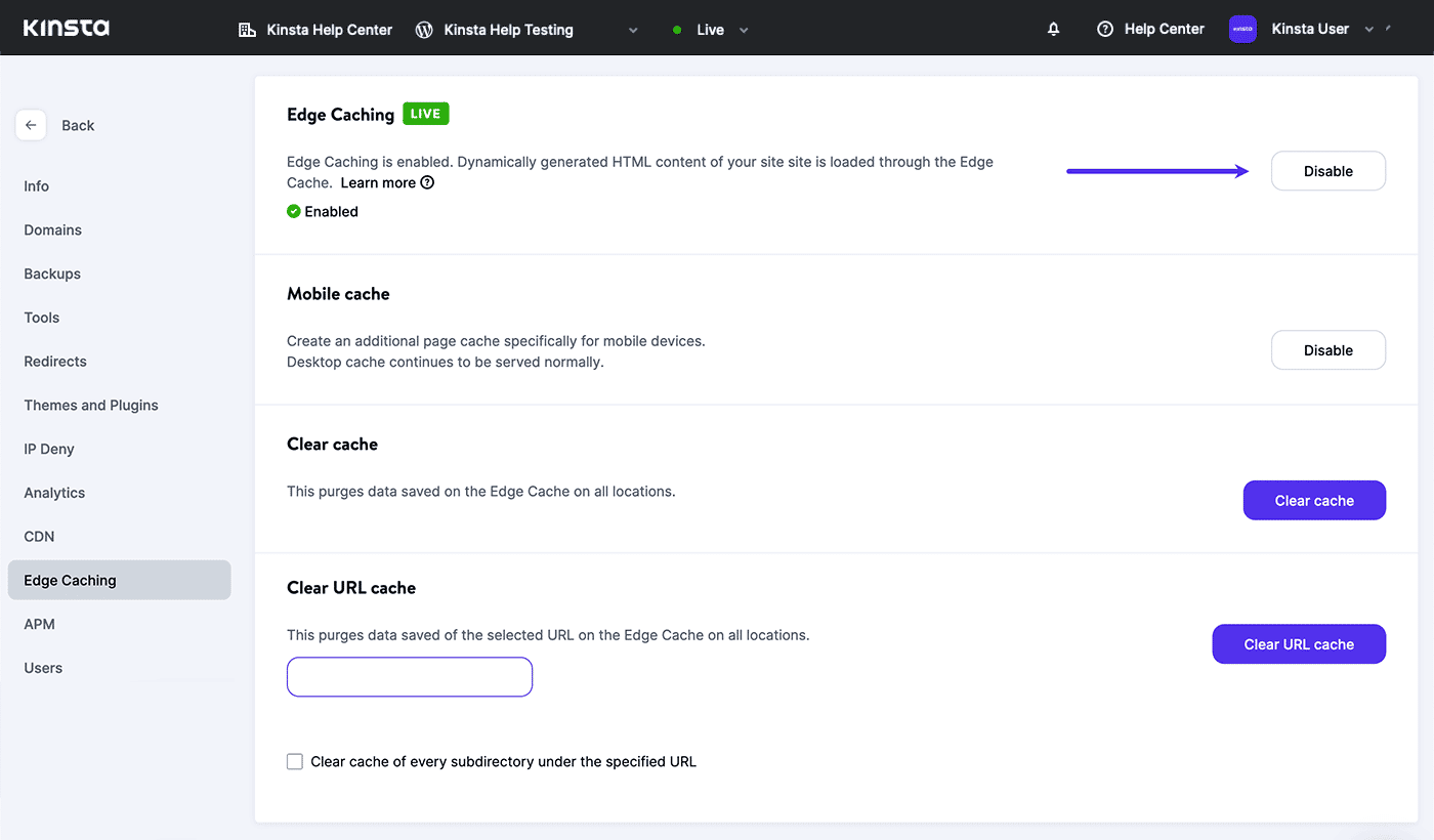 Screenshot: Disabling Edge Caching in MyKinsta.
