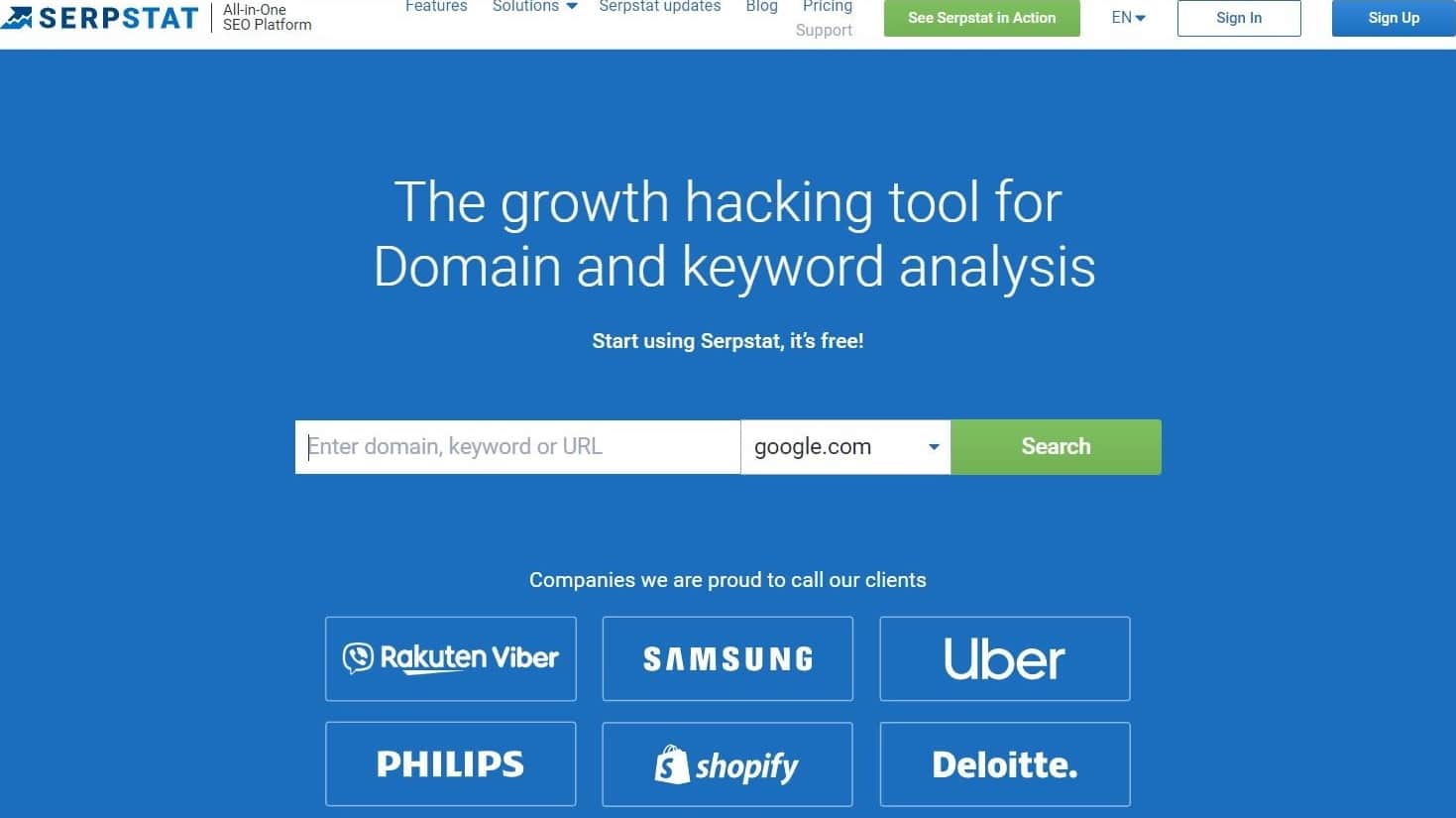 The Serpstat homepage with a search bar and the tagline