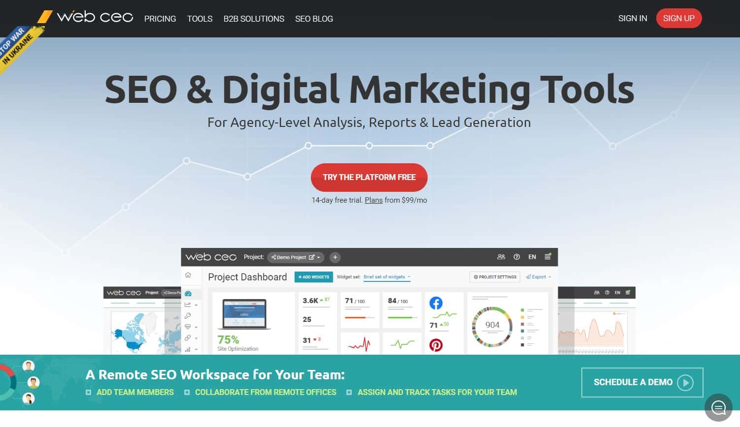 The WebCEO homepage with the headline