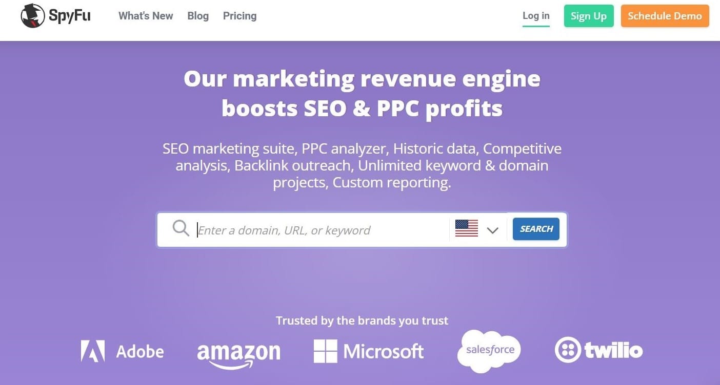 The SpyFu homepage with the tagline