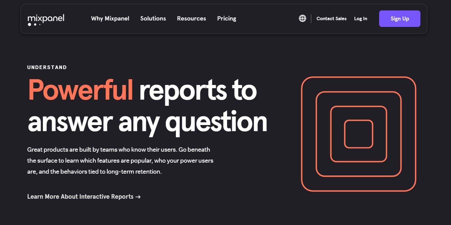 The Mixpanel homepage with the tagline