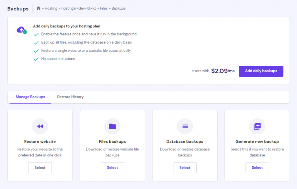 The Backups feature in hPanel