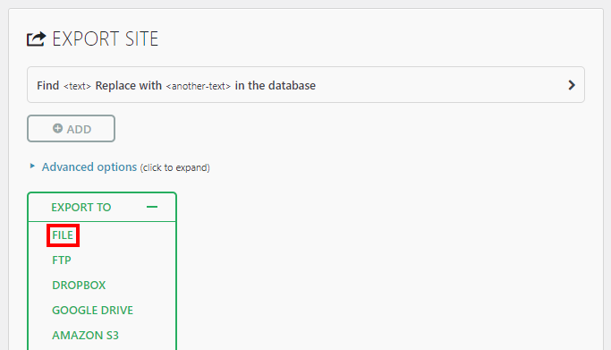 The All-in-One WP Migration plugin Export feature highlight the File option