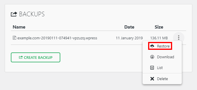 The All-in-One WP Migration plugin Backups feature highlight the Restore option