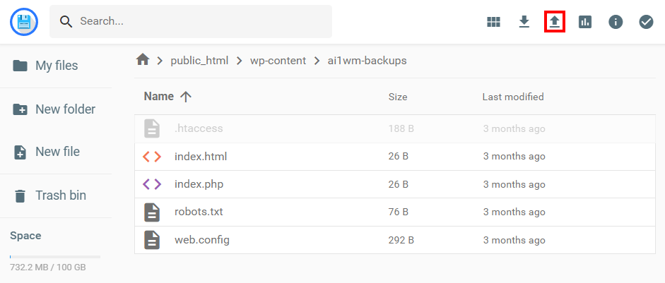 Hostinger File Manage adding backup file highlight Upload button