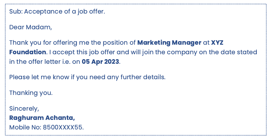 Short thank you mail for the job offer