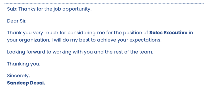 Thank you mail to new boss for job opportunity