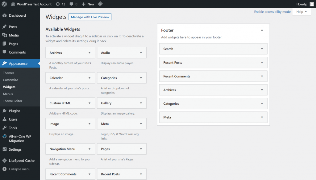 WordPress Widgets section