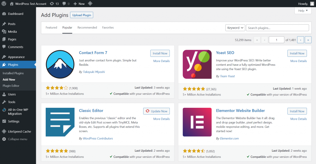 WordPress Plugins section