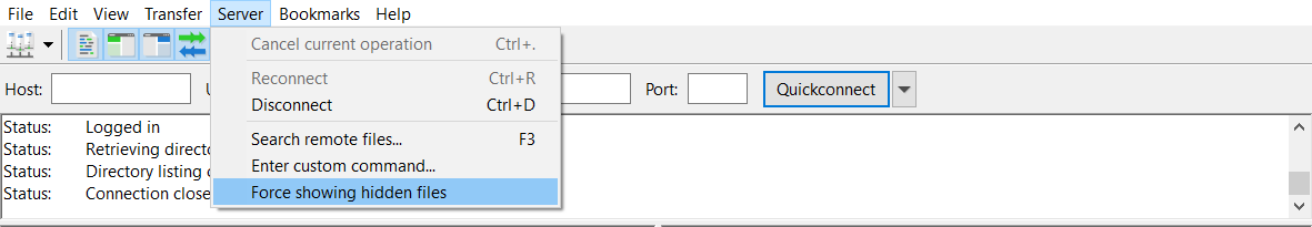 Screenshot showcasing FileZilla's force showing hidden files option