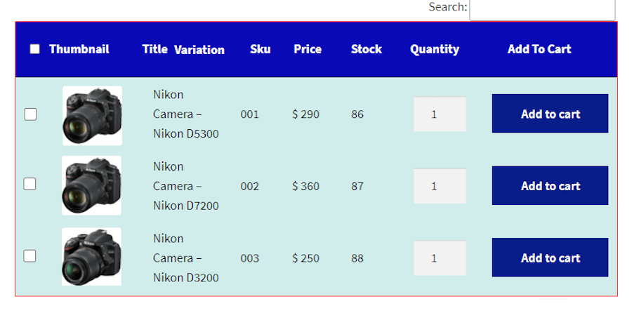 Screenshot of Product Variations Table for WooCommerce extension.