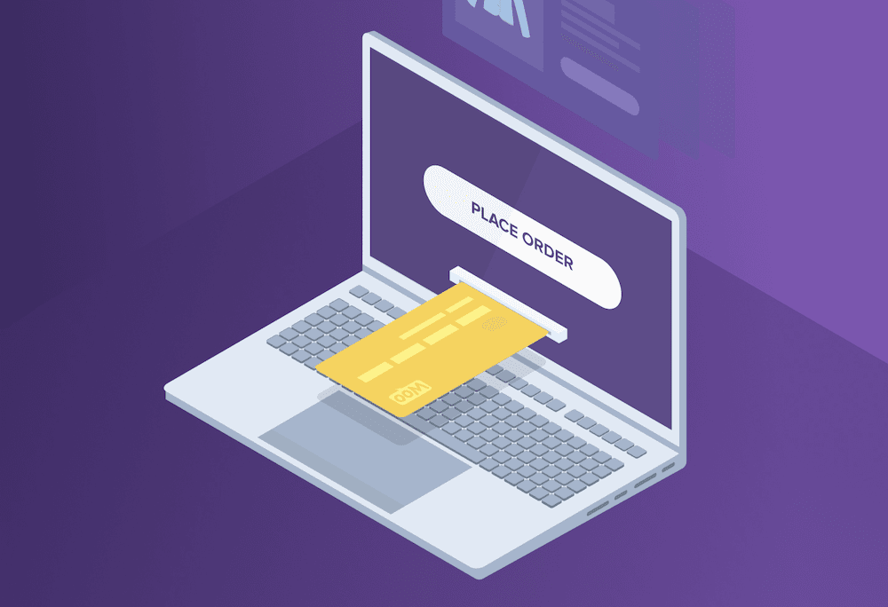 An image of a laptop with a yellow credit card entering into the screen, with a button reading