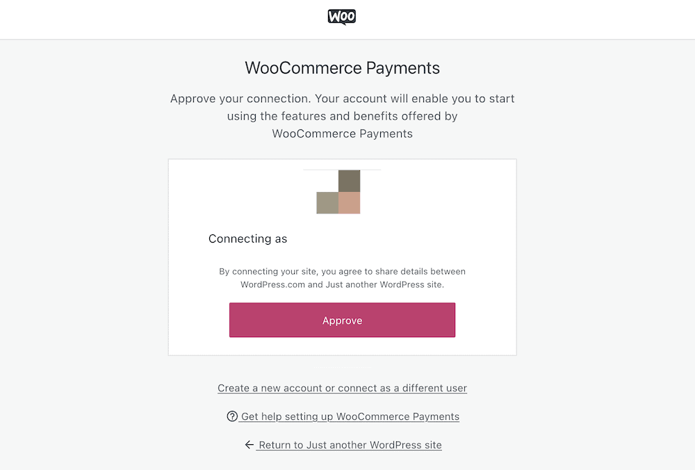The WooCommerce Payments connection screen, showing user data, and a button that reads