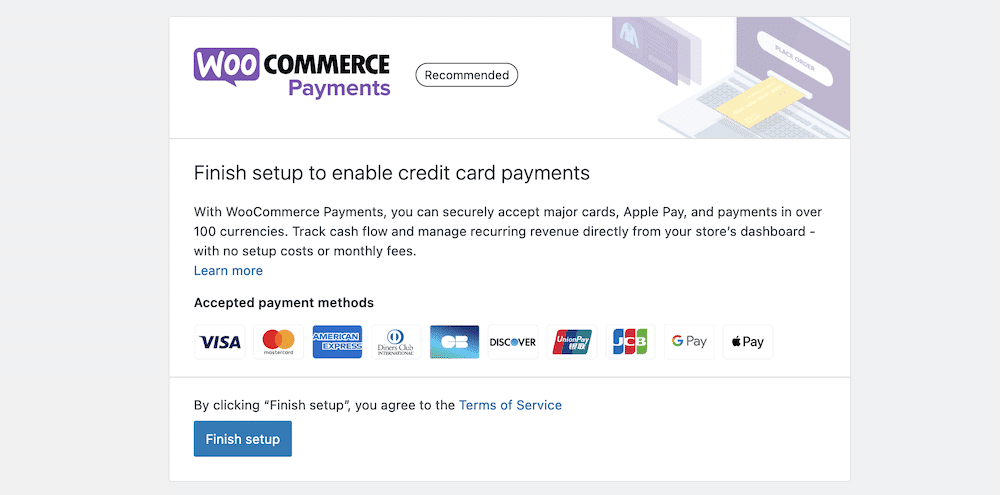 The WooCommerce Payments setup screen with instructions on the dependencies your installation will need, and a