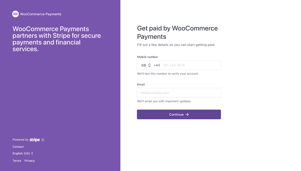 A verification screen for WooCommerce Payments that shows phone number and email fields, along with a purple splash screen, and purple button reading