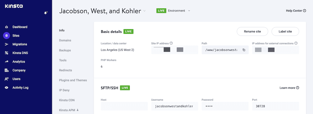 MyKinsta Sites Screen The Sites screen in MyKinsta, showing basic details and SFTP/SSH information for an individual site.