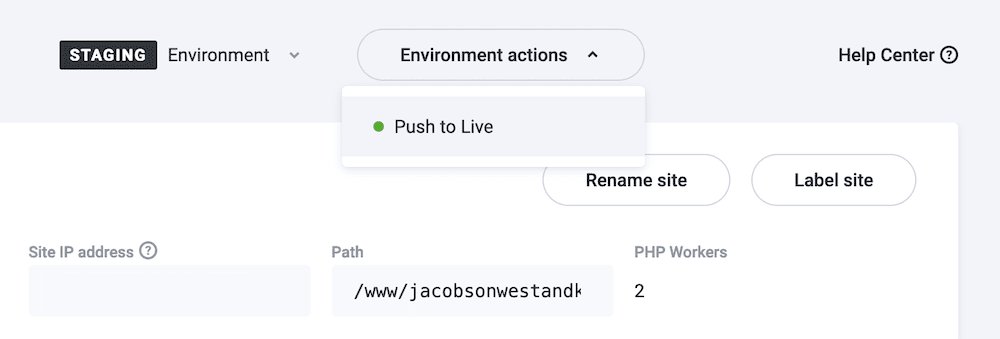 Push To Live Option Menu The MyKinsta dashboard showing a partial settings panel, and the full Environment action dropdown menu, with the Push to Live option highlighted.
