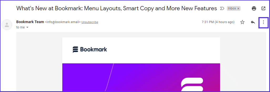 The top of an email in Gmail with a highlighting box around the kebab menu button.
